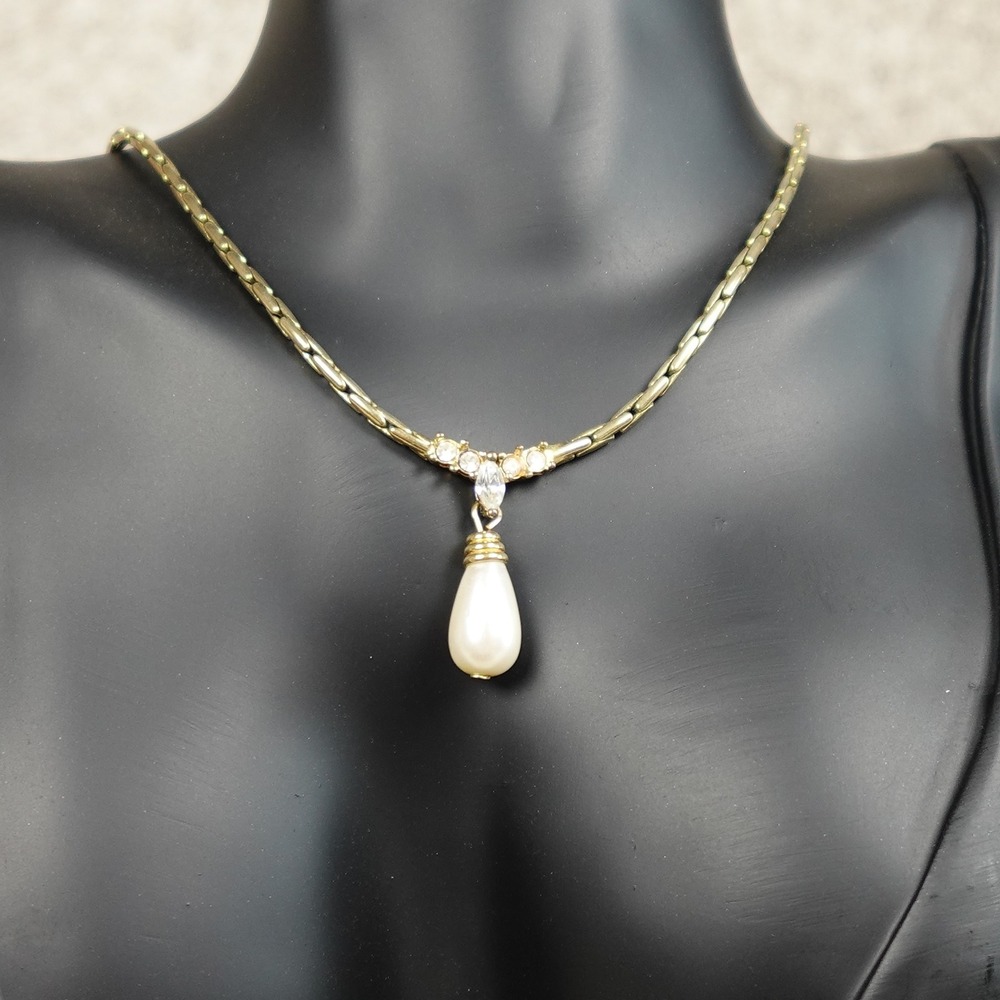 Vintage Style Gold Tone Faux Pearl Teardrop Rhinestone V-Necklace Pendant